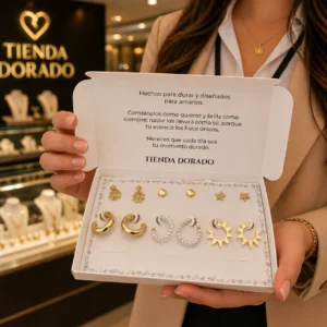 Encantos Dorados | 6 pares de aretes surtidos en acero y covergold