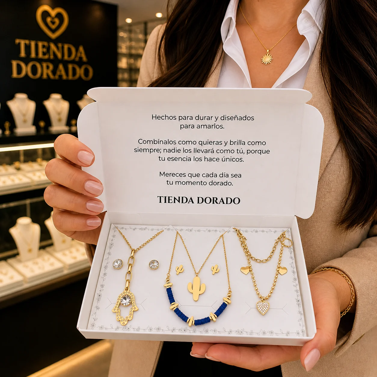 Energía & Encanto Dorado | 3 Collares con aretes en acero y covergold